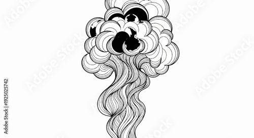 Abstract monochrome drawing of wavy strands rising to form a cloud-like shape