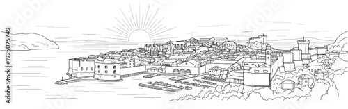 A monochromatic sketch depicts a coastal city with a harbor, hills, and a sunrise
