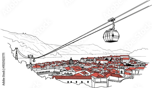 Aerial tramway transports visitors over a densely packed old city with red tiled roofs