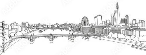 A panoramic line drawing of a city skyline with bridges over a river