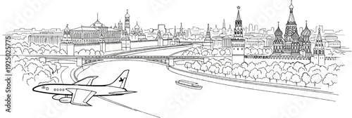 A stylized line drawing depicts a city skyline with iconic architecture overlooking a river