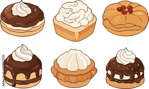 Cream and Chocolate Pastry Desserts Collection with Cupcakes, Tarts and Sweet Bakery Treats Vector Illustration