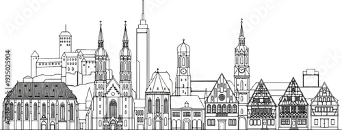 Black and white line drawing of a cityscape with diverse historical buildings and a skyscraper