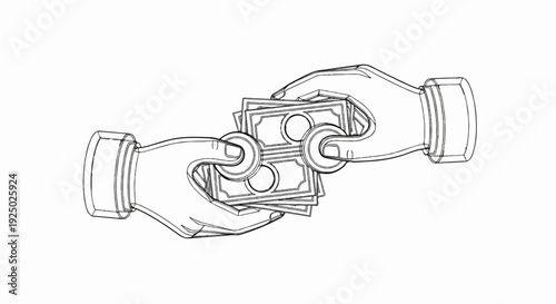 Two hands exchanging a stack of currency notes with circular designs