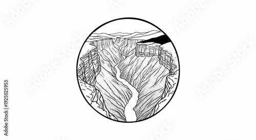 Detailed black and white illustration of a vast canyon with a winding river