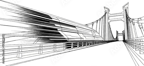 Dynamic line art depicts a large suspension bridge with a speeding train crossing