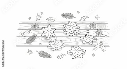 Hand-drawn star cookies and festive foliage on wooden planks