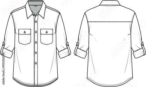 Blank men casual shirt with rolled sleeves and two chest pockets vector technical fashion flat sketch front and back illustration