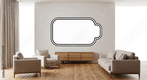 Modern living room with minimalist furniture and a speech bubble-shaped cutout on the wall