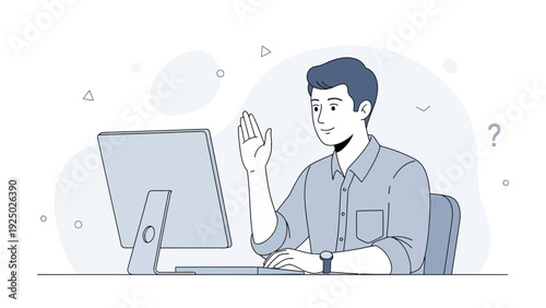 Man waving hello on video call with computer, online communication concept