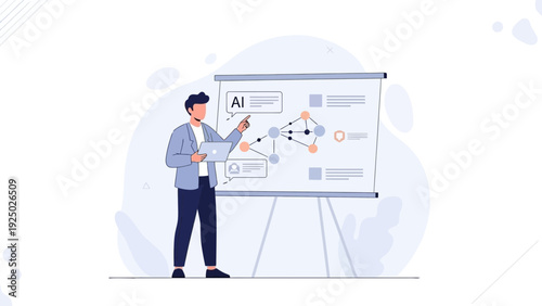 Man presenting Artificial Intelligence concept with network diagram on whiteboard