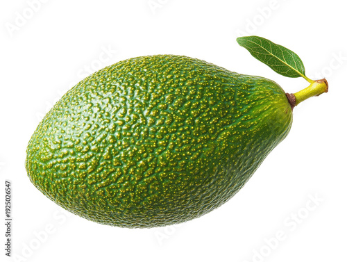 A fresh whole green avocado with textured skin and a small leaf on transparent background