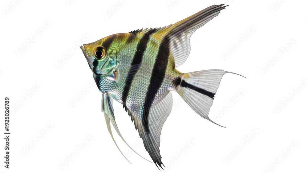 Fototapeta premium Isolated striped angelfish, a beautiful freshwater fish often seen in aquariums, studio shot