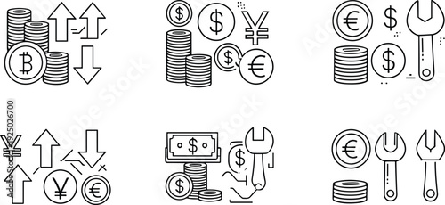 Currency Exchange and Financial Service Line Icons Set Money Coins Dollar Euro Yen Vector Collection