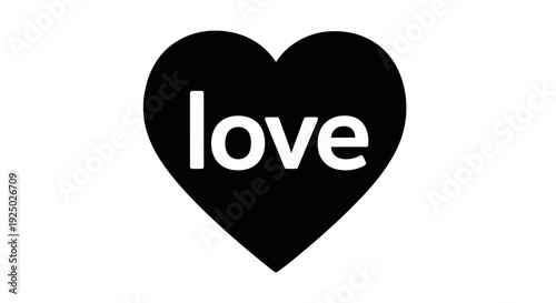 A simple black heart with the word love written in white on a plain white background.