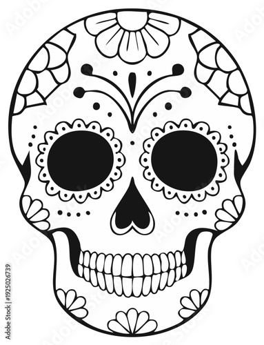 Black and white sugar skull illustration, Day of the Dead design