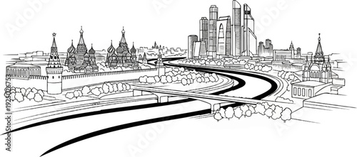 Sketch of a sprawling cityscape featuring historic domes and modern skyscrapers