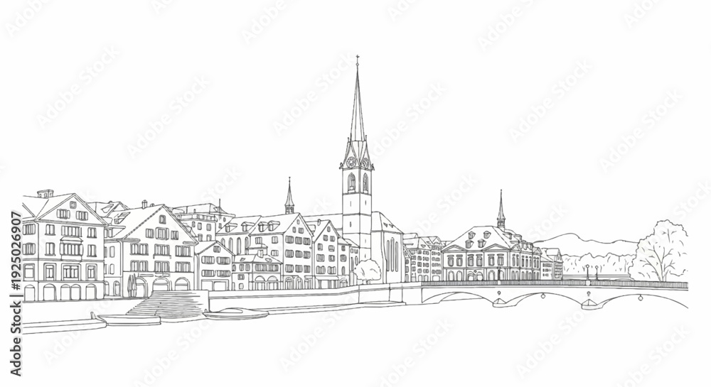 Fototapeta premium Sketchy line art of a European city skyline with a river and bridge