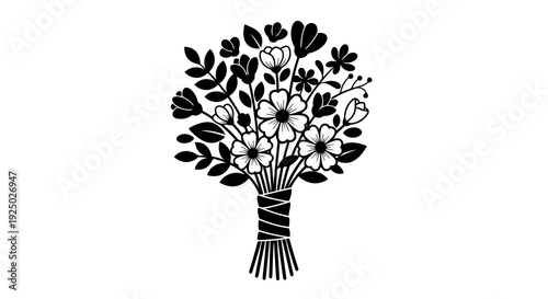 A simple black and white illustration of a bouquet of flowers.