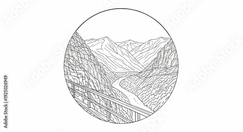 Line drawing of a winding river through rugged mountains, viewed from a railing