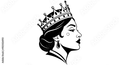 A regal illustration of a queen wearing a crown and earrings in black and white.