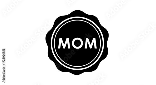 A black wax seal with the word mom in white capital letters inside a circular border.