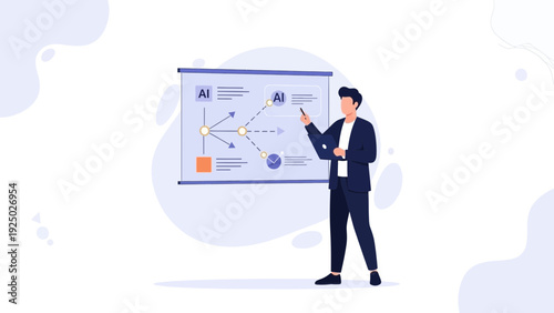 Man presenting artificial intelligence concepts on a whiteboard with laptop