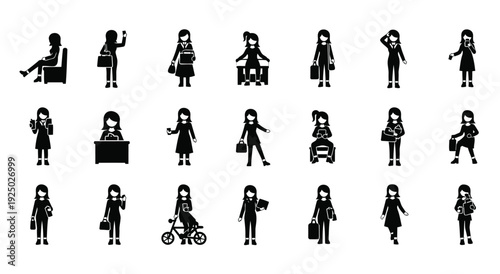 Set of 20 woman icons black and white business casual style