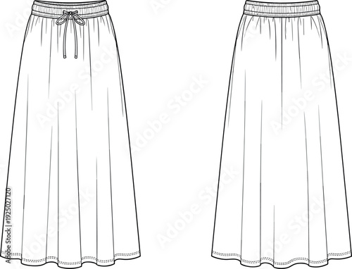 Blank vector fashion flat technical sketch of long flared maxi skirt template featuring elastic drawstring waistband in front back views.