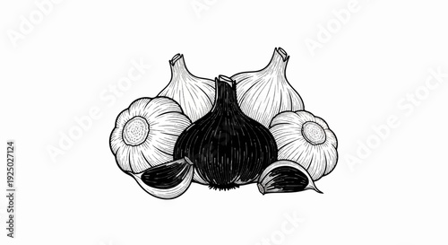 Black and white illustration of a group of garlic bulbs, one black