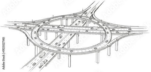 Intricate elevated highway interchange with multiple lanes and circular overpass