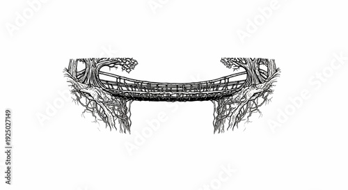 Intricate bridge formed by intertwined tree roots and branches over a gap