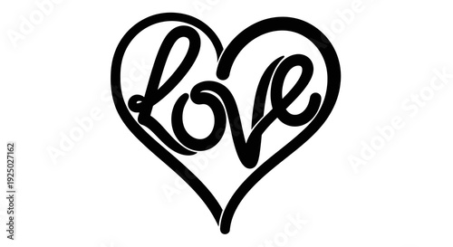 A simple black heart shape with the word love written inside on a white background.