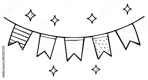 Hand-drawn festive garland of pennant flags and sparkling stars illustration