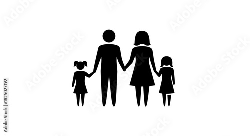 A simple black silhouette of a family holding hands together.