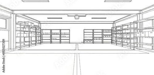 Interior sketch of a warehouse or storage facility with shelves