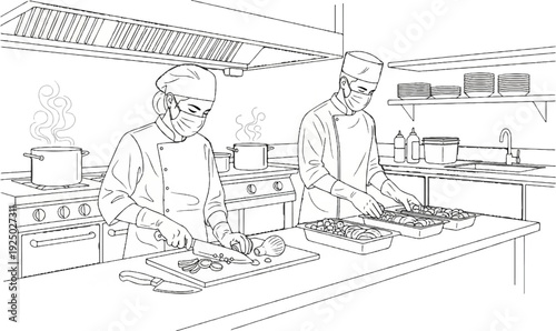 Two chefs in masks and hats prepare food in a clean kitchen environment