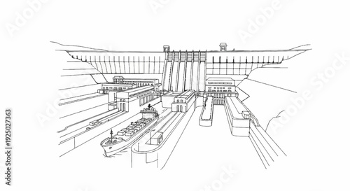Engineering marvel of a dam with a ship passing through a lock system