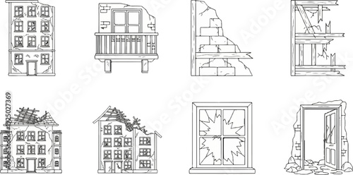 Collection of line drawings depicting damaged buildings and architectural elements