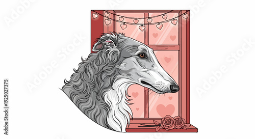 Elegant greyhound at a window adorned with heart lights