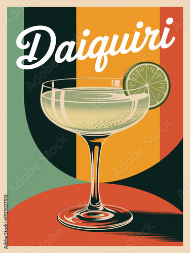 Daiquiri poster, vintage cocktail with lime garnish and geometric background design