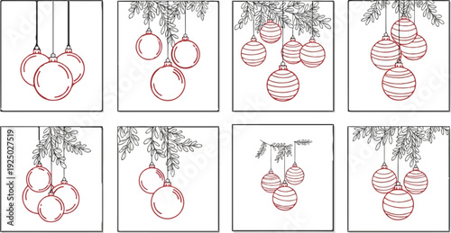 Festive collection of eight drawings of Christmas ornaments on branches