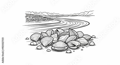 Clams and pebbles on a shoreline with a winding river and distant hills