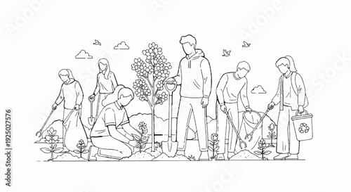 Diverse people working together planting trees and cleaning up the environment