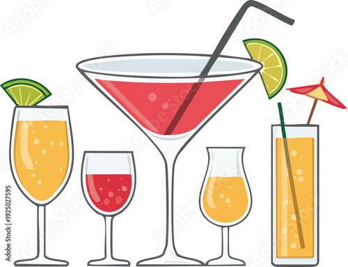 Generate a modern bar drink outline pack with cocktail, champagne, and whiskey glass icons