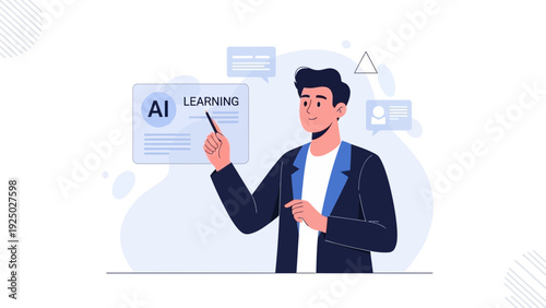 Man teaching AI learning with digital screen, online education concept