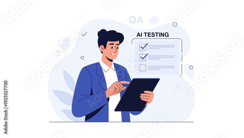 Man testing AI software on tablet, checklist with AI Testing