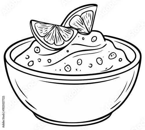 Textured bowl of dip garnished with lime slices a simple hand drawn illustration