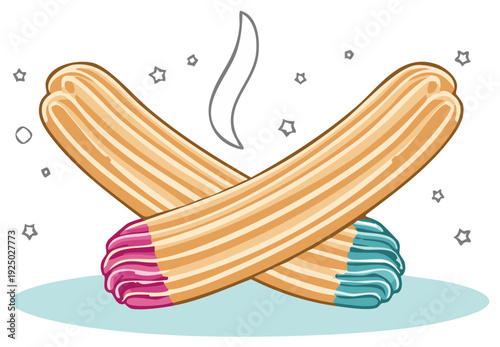 Crossed churros with colorful tips, steam and decorative stars, delicious dessert illustration