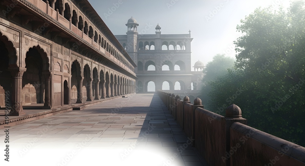 Fototapeta premium A long corridor with arches and a railing